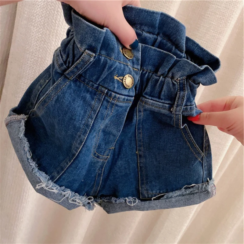 2-8Y Summer Girls Fashioin Jeans Denim Shorts New Kids Girls High-Waisted Shorts Children Wide Leg Flower Bud Denim Casual Short