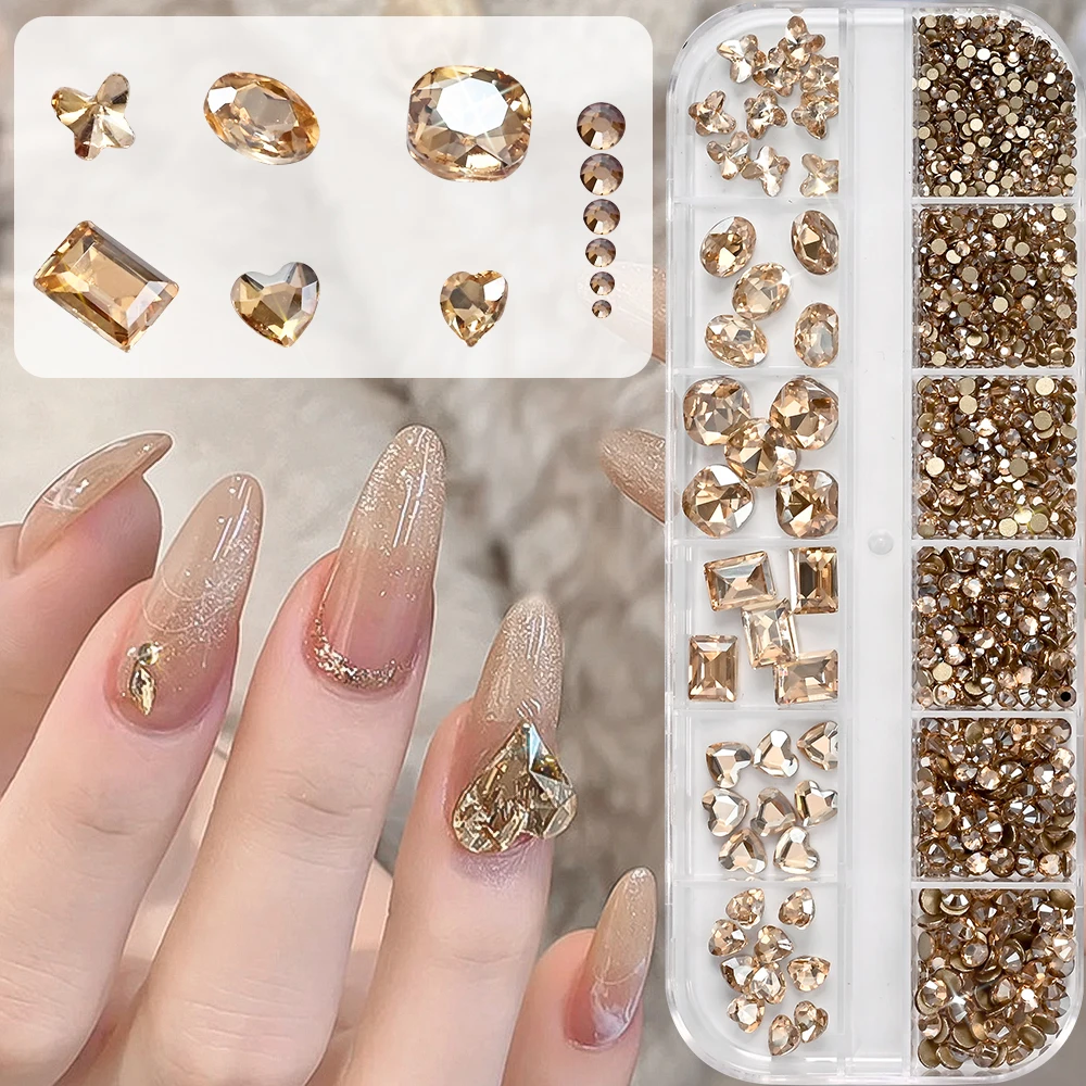 

12 Grids 3D Champagne Nail Art Rhinestones Mixed Round,Fat Square,Heart,Butterfly Glass Diamond Nail Charms DIY Manicure Decor *