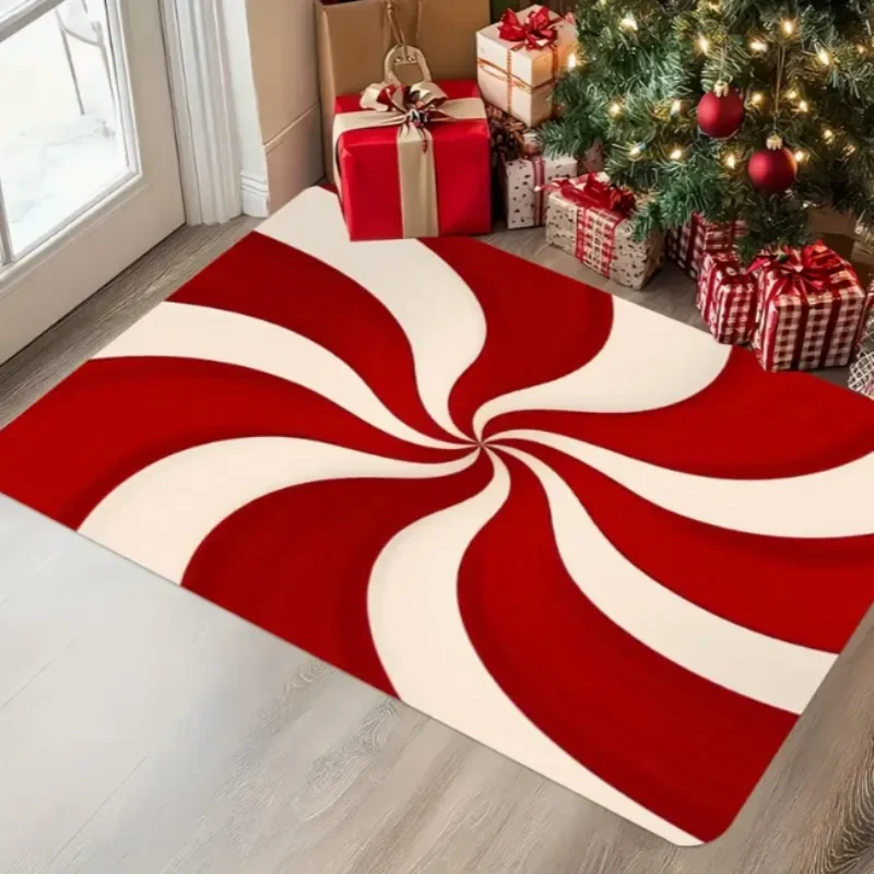 Christmas Candy Stick Door Mat with Festive Red White Comfortable Indoor Outdoor Carpets Kitchen Home Office and Home Decoration