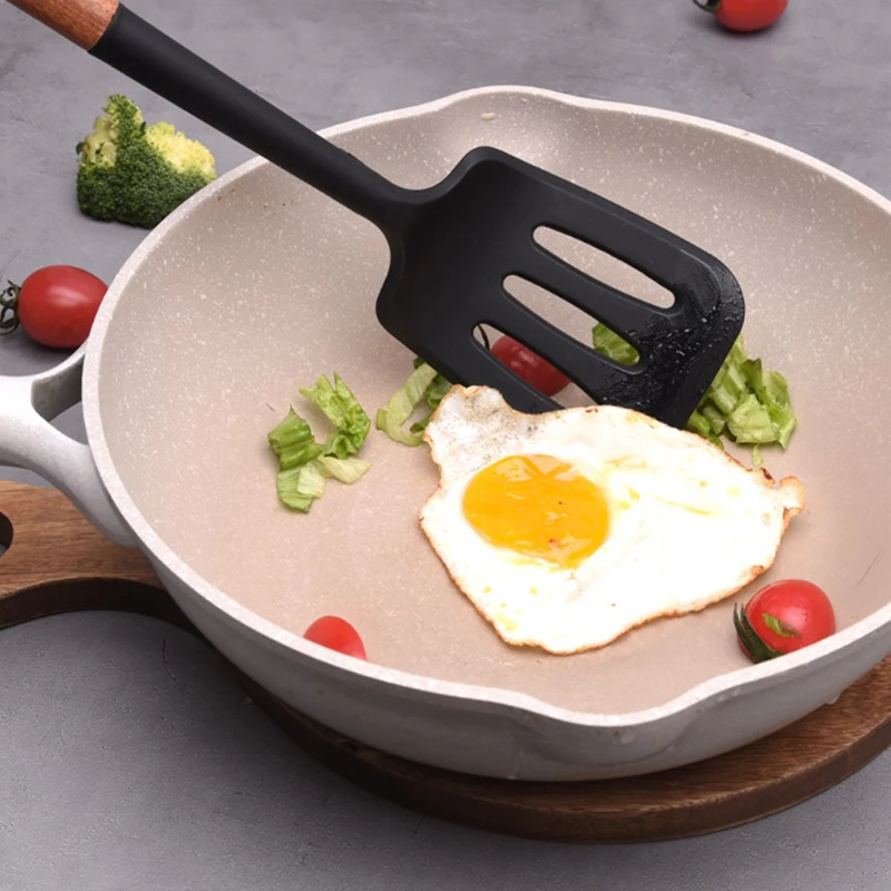 Wooden Cooking Utensil Set  Nonstick Silicone Handle Spatulas Spoons for Family Dinner Preparation