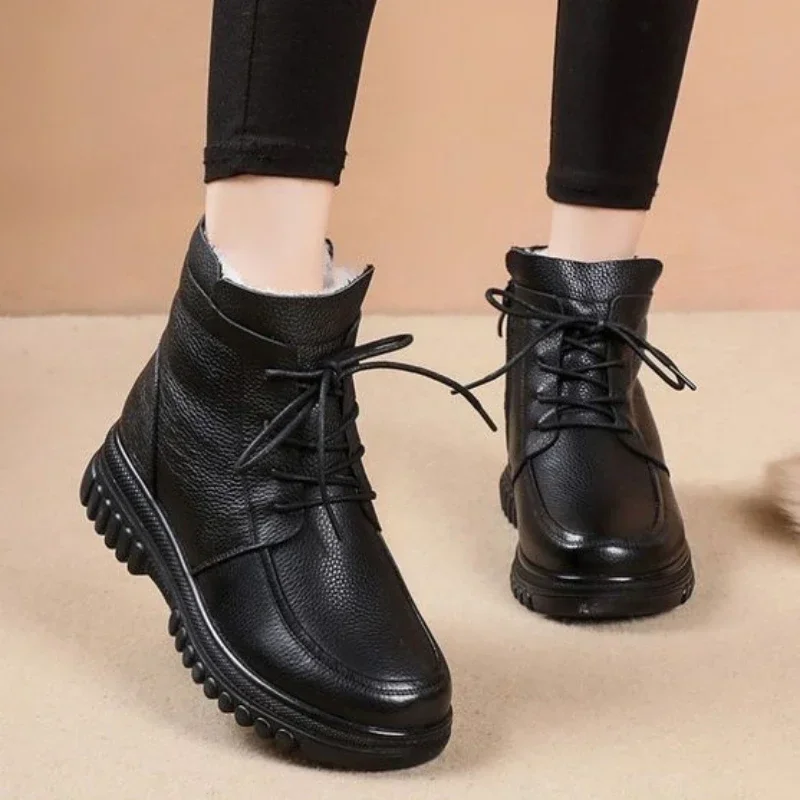 Ladies Shoes 2023 High Quality Lace Up Zipper Women's Boots Winter Round Toe Solid Short Barrel Platform Water Proof Naked Boots