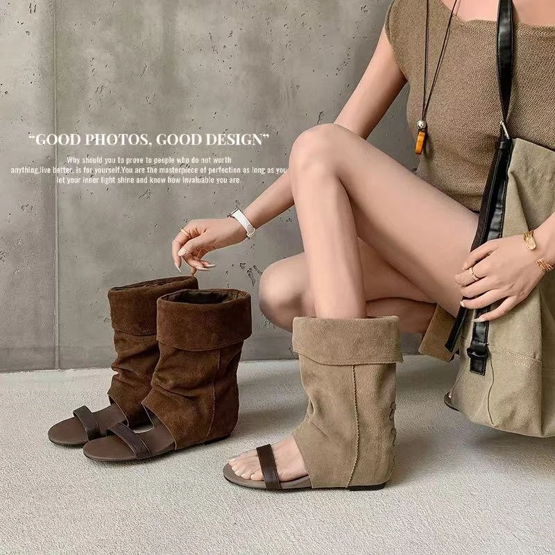 Botines de Ante Marrón Beige para Mujer, Sandalias Planas con Punta Abierta y Puño Plegable, Estilo Bohemio Y2K y Casual Urbano