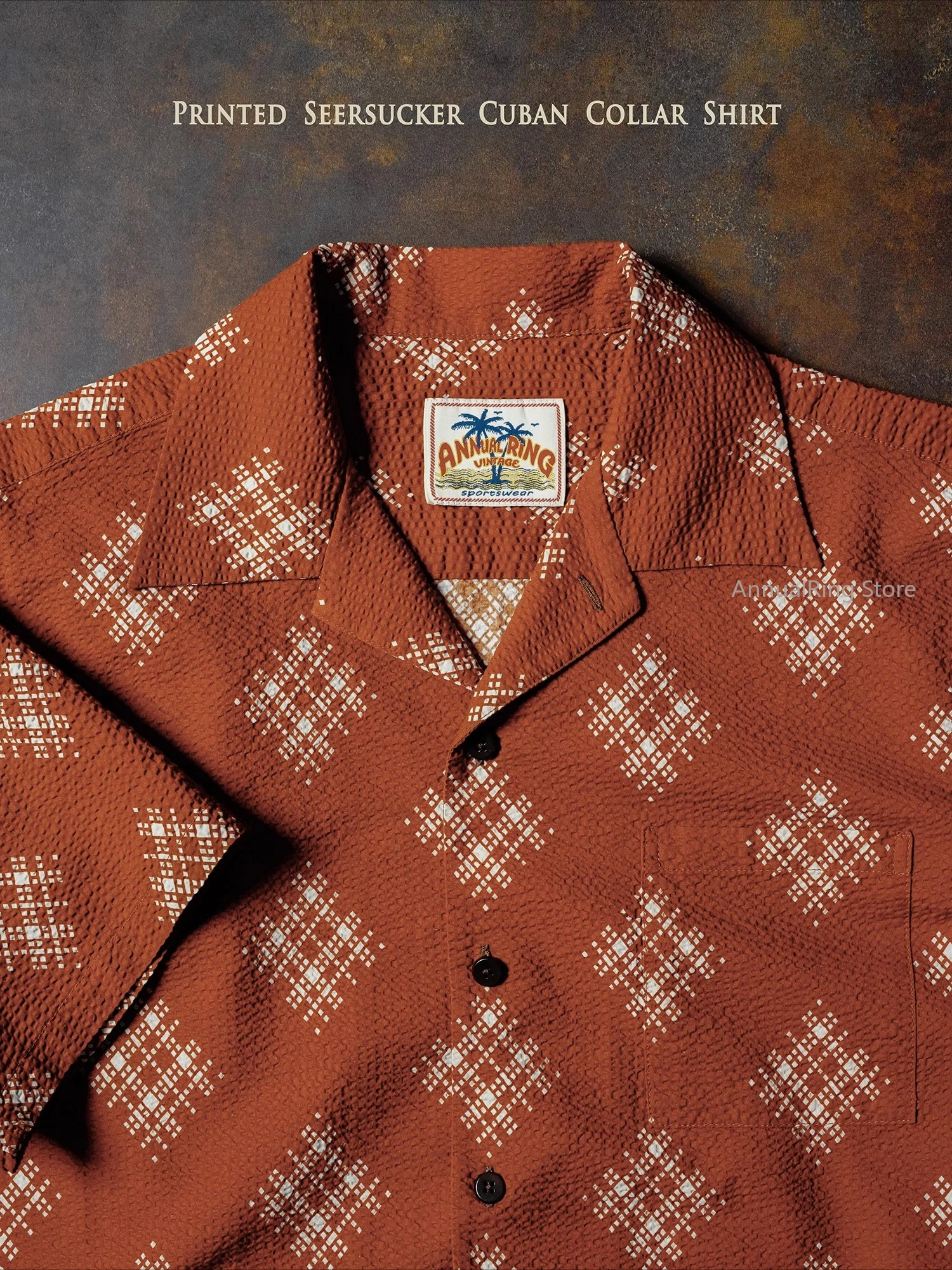 AnnualRing Vintage Seersucker Hawaiian Short Sleeve Shirt Lightweight Print Cuban Collar Shirt