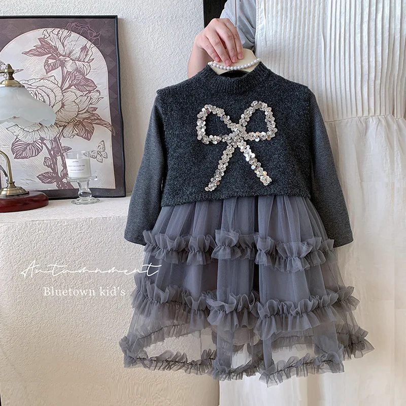 

2025Girls Spring and Autumn New Style Sequined Woolen Vest and Gauze Skirt Two-piece Set