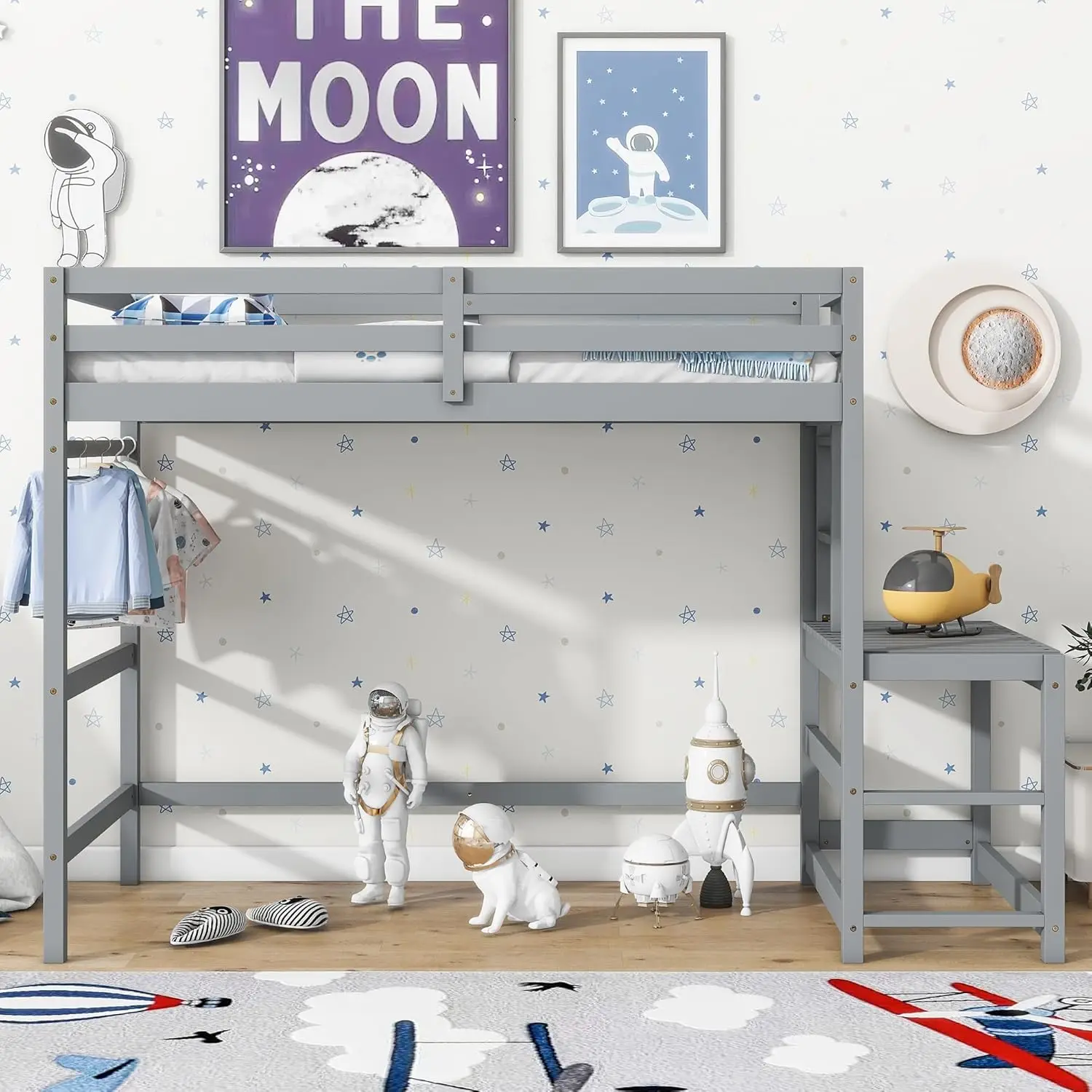 Twin Loft Bed With Desk,Loft Bed For Kids, Boys, Girls,Wooden Loft Bed Frame,Built In Desk And Ladder, High Loft, Gray