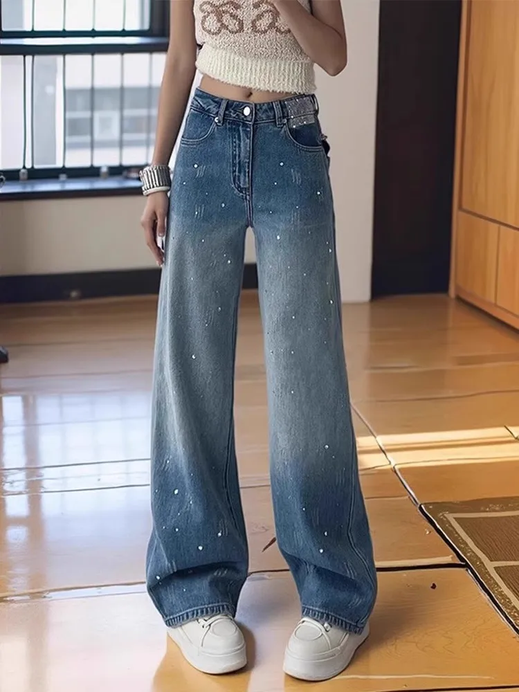 Y2K – jean dégradé à strass pour femmes, jambes larges, taille haute, amincissant, coupe ample, pantalon de sol, nouvelle collection printemps