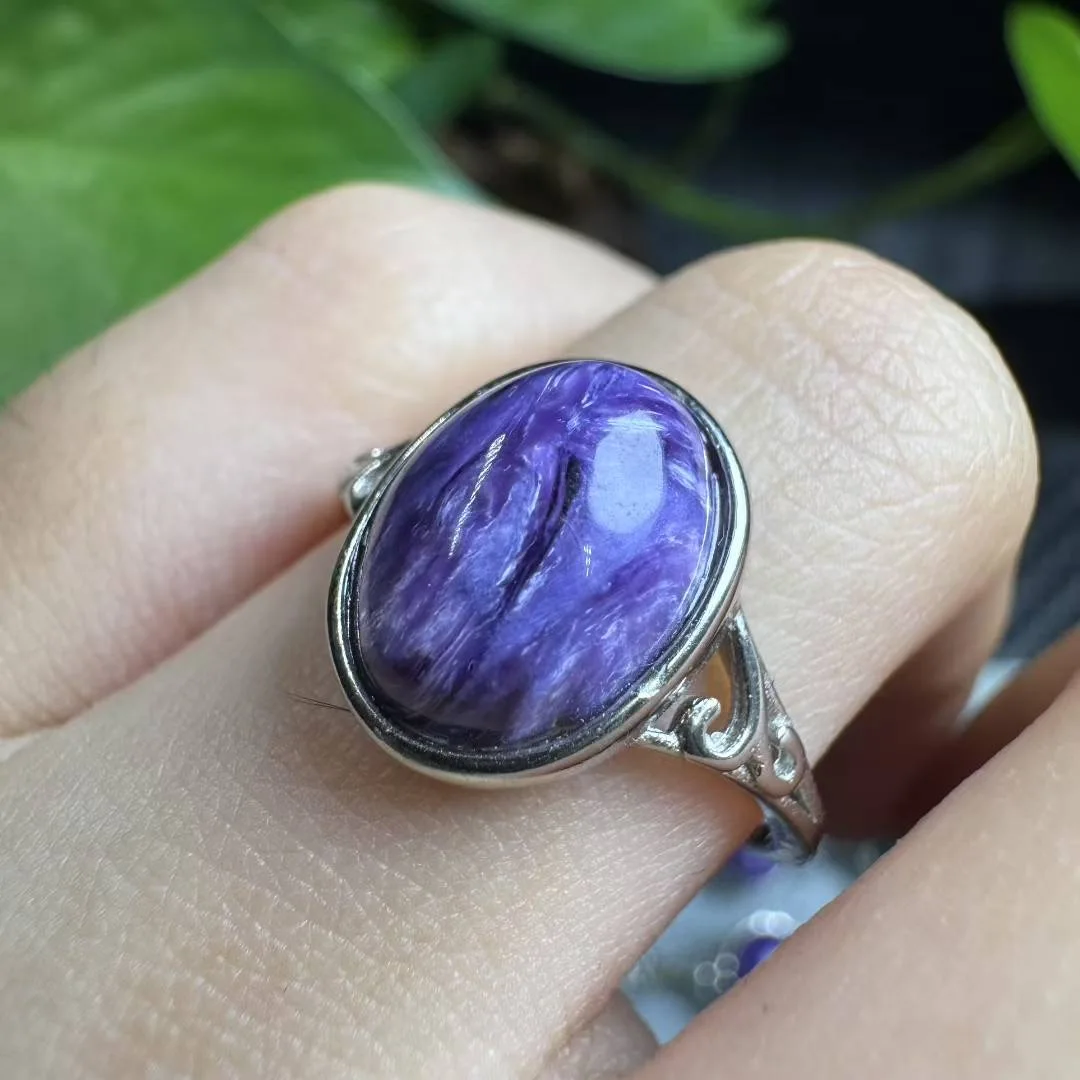 

1 Pc Fengbaowu Natural Charoite Oval Cabochon Ring 925 Sterling Silver Crystal Healing Stone Fashion Jewelry Gift For Women