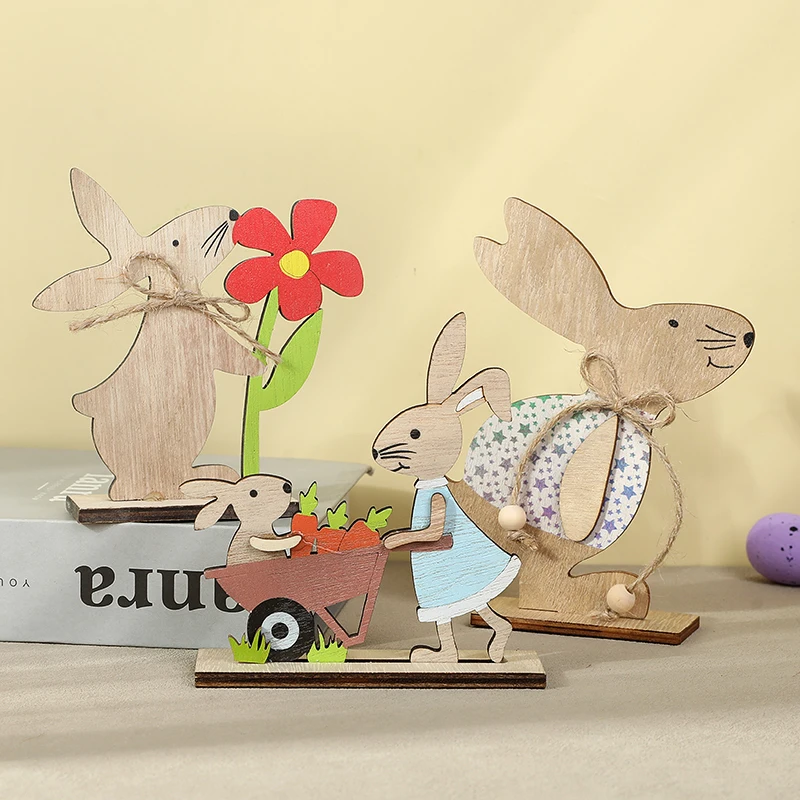 

Happy Easter Wooden Rabbit Ornaments Cute Standing Bunny Diy Wood Crafts Home Office Bedside Table Decorations Easter Supplies