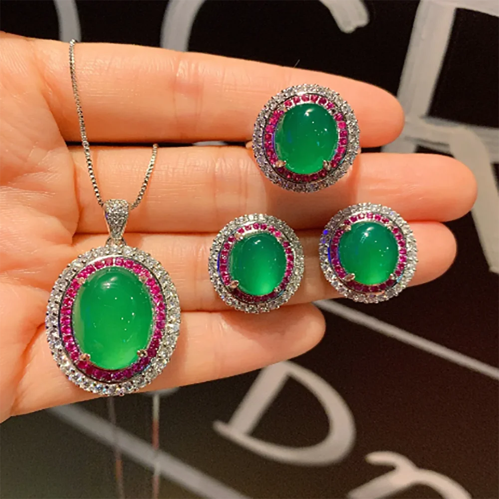 Emerald Jade Ring Earring Necklace Set for Women Cubic Zircon Temperament Birthday Gift Trendy Jewelry