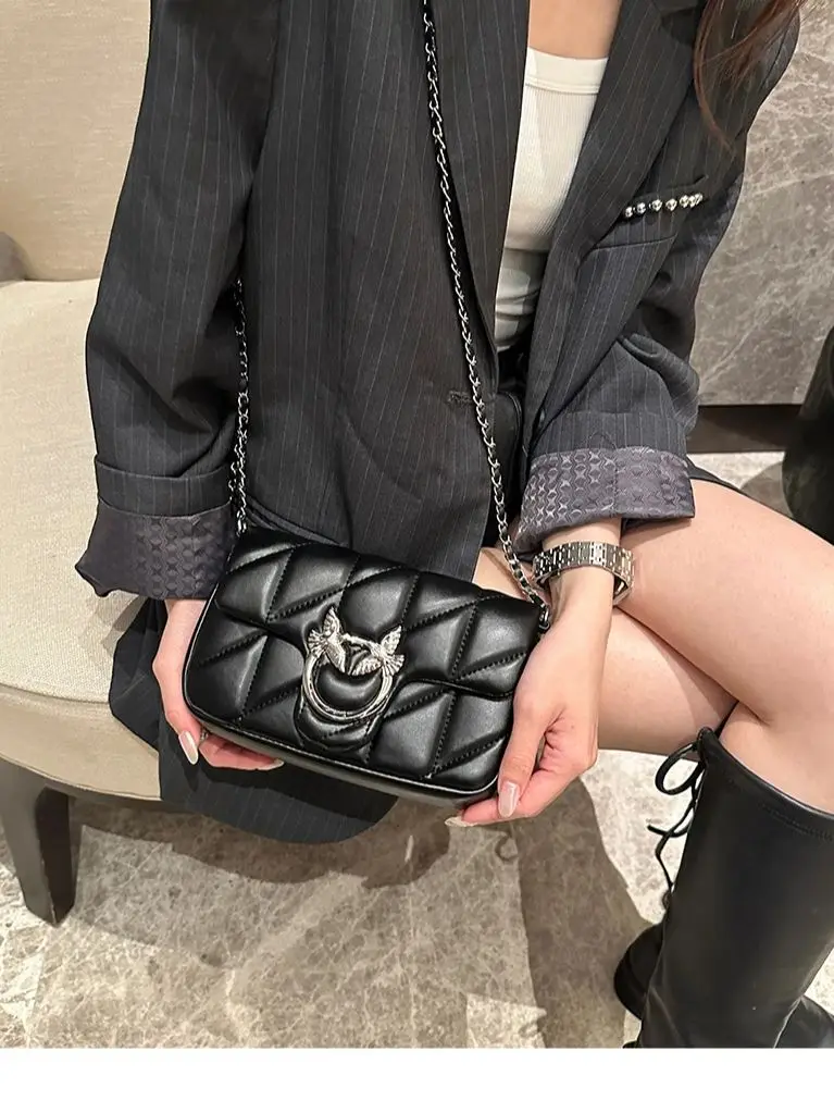 Women Quilted Crossbody Bag Genuine Leather Clutch Purse with Chain Strap Ladies Small Shoulder Handbags