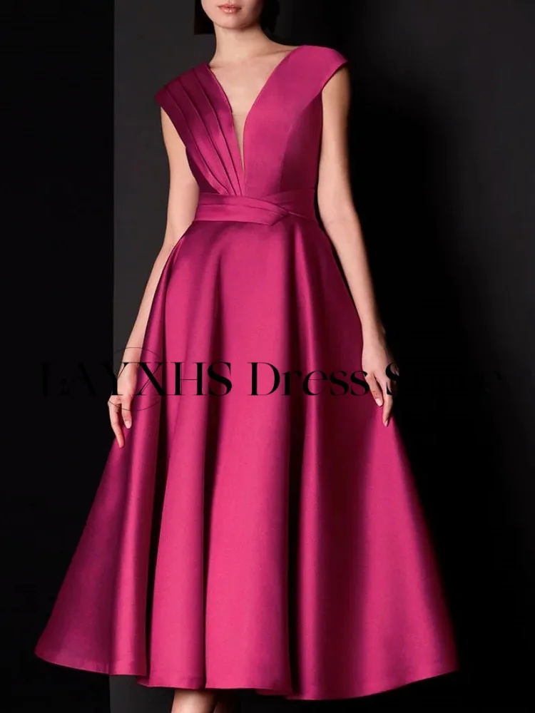 LAYXHS シンプルな V ネックイブニングドレス A ラインボタンバックレスティーレングスプロムドレスカスタマイズされた فستان سهرة نسائي