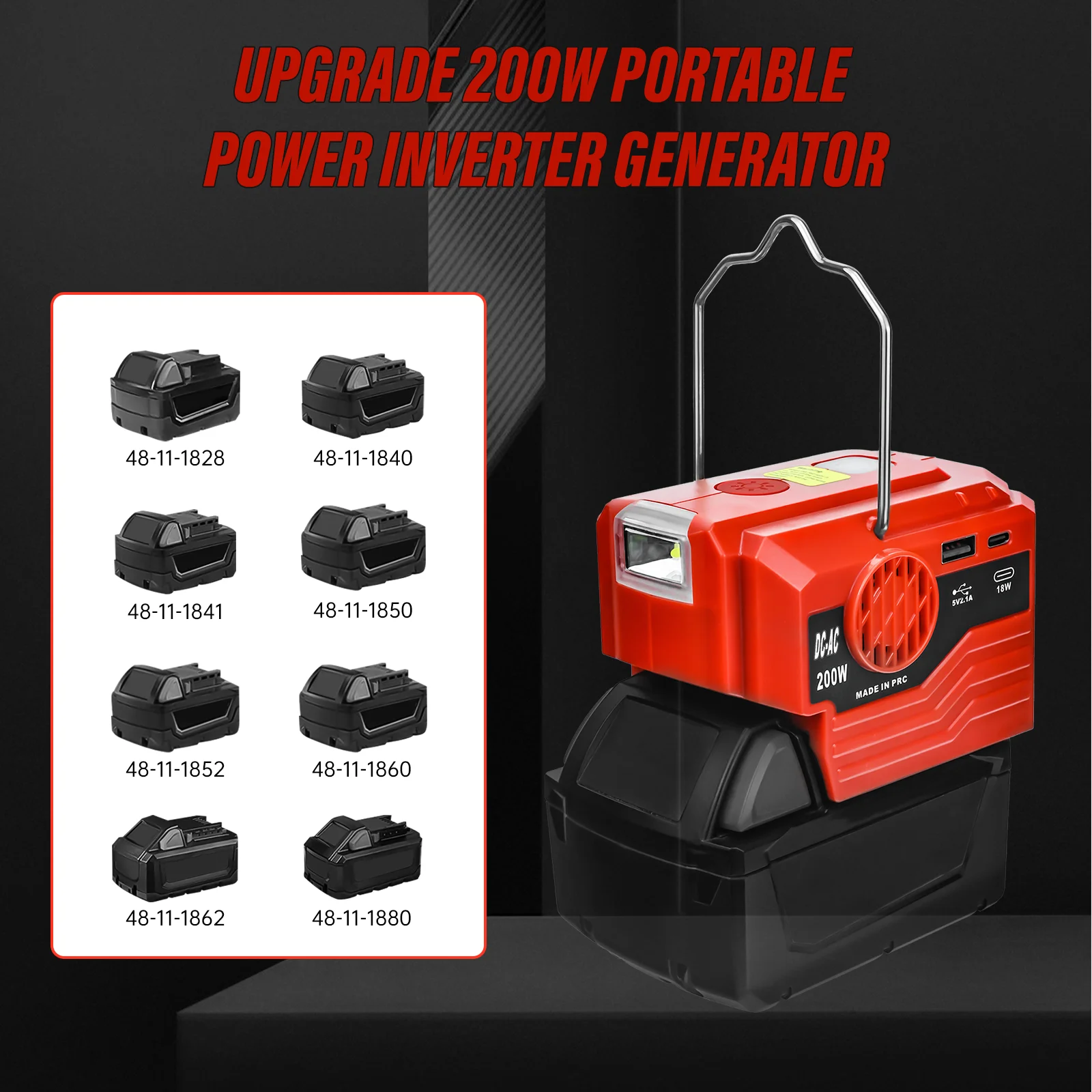 200W Portable Power Inverter for Milwaukee 18V Battery Convert DC 18V/20V to AC 120V Adapter with USB & Type-C Port (No Battery)