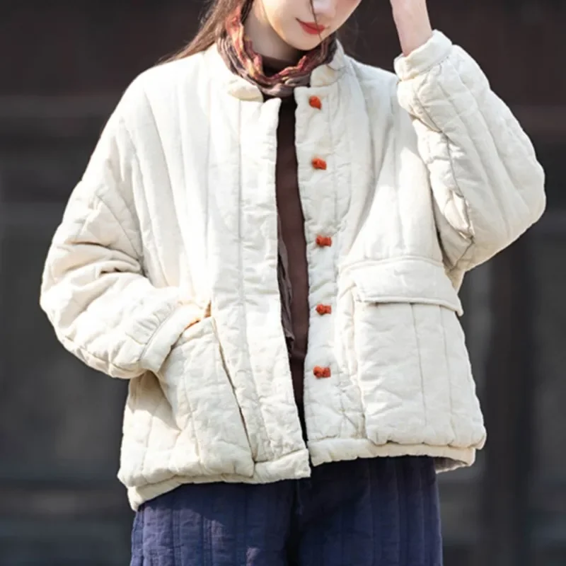 

2025 Winter Retro Linen Coat Women's Long Sleeve Button and Cotton Warm Coat Solid Color Chinese Coat