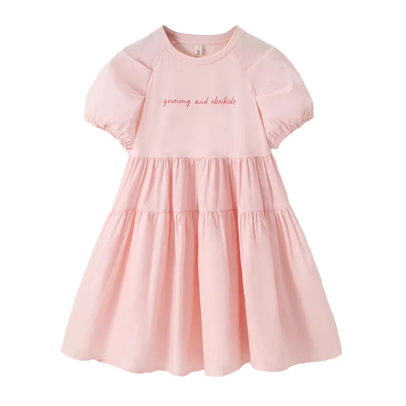 

Korean Summer Childrne Girl One-piece Dress Elementary Girl Letter Printed Bubble Sleeve Prom Dress School Girl Fluffy Dress