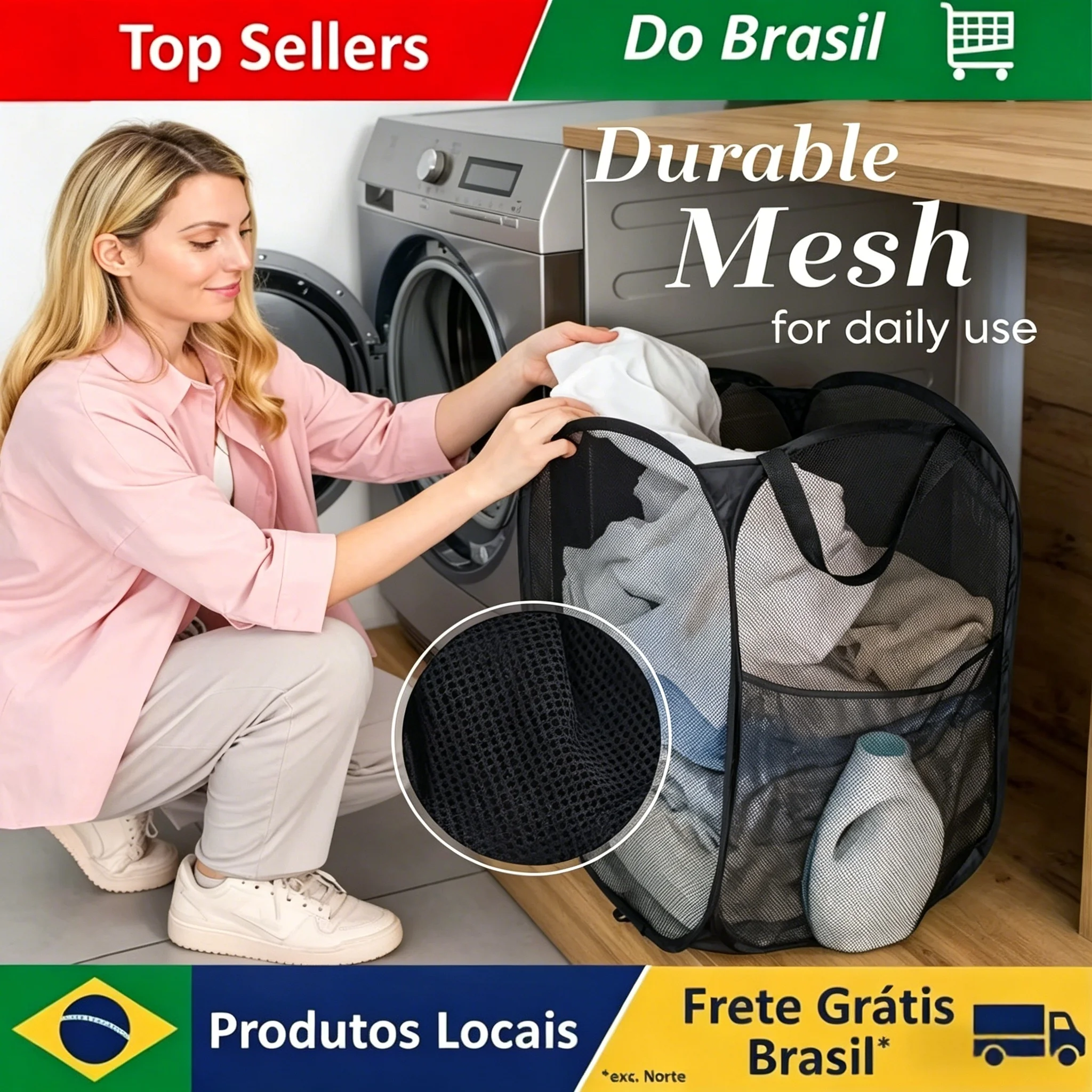 Cesto Dobrável para Separação de Roupa Suja, Cesto de Lavanderia, Cesto de Malha para Banheiro, Saco Organizador de Roupa, Balde com Estrutura, Bolsa de Armazenamento