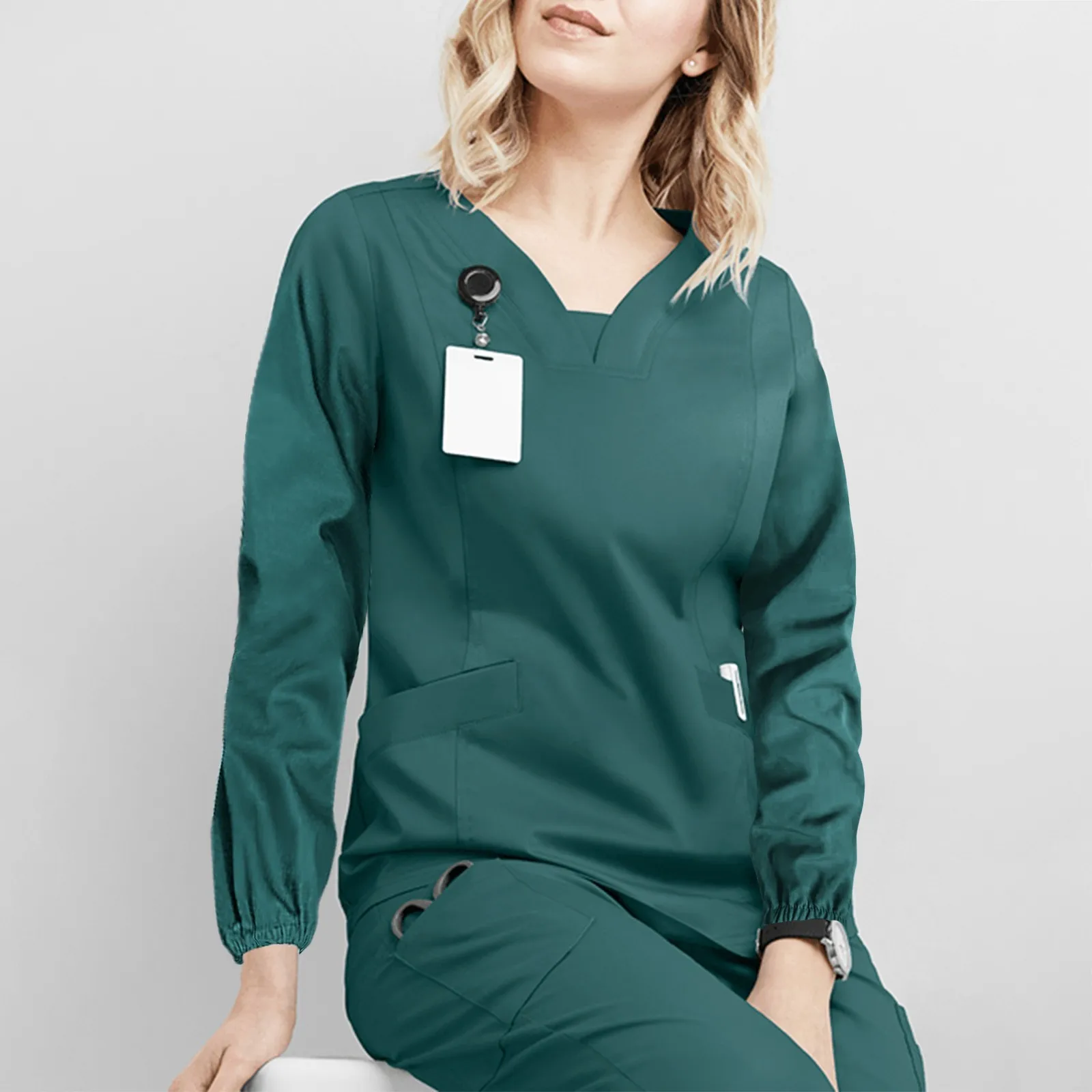 

V-neck Workers Tops With Pocket Long Sleeve Solid Color Care Nurse Clothing Nurse And Surgeons Waterproof Isolation Clothing