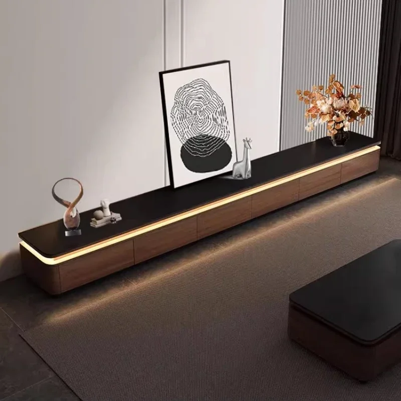 *New Customized Table Cabinet with ambient light Mueble Para Tv Retractable Home Furniture modern Solid Wood Rock Slab TV Cabine