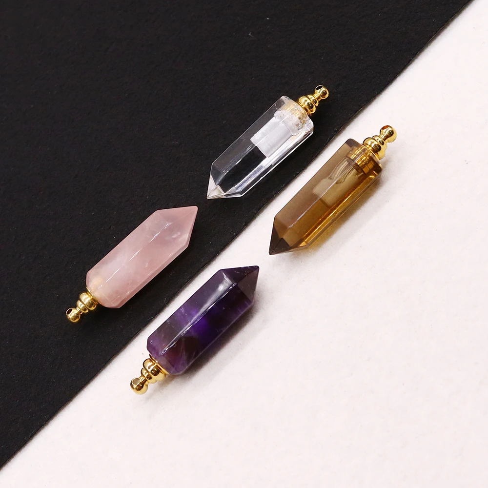 Long Prismatic Natural Stone Pendant Perfume Bottle Shape Amethyst Rose Quartz Essential Oil Diffuser Jewelry Accessory 1pc/pack