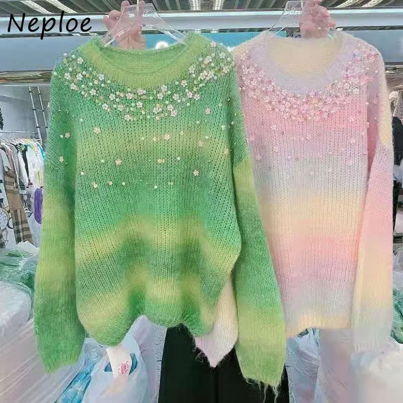 Neploe O Neck Beading Shiny Sweater Y2k Long Sleeve Stripe Gradient Pull Femme Autumn Winter Vintage Knitted Pullover Jumpers