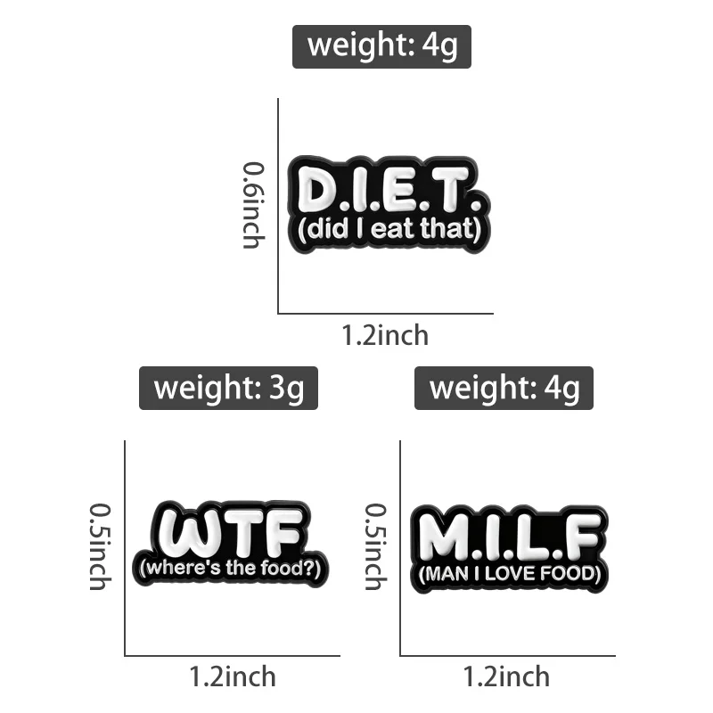 Milf Diet Wtf Enamel Pins Bat Funny Abbreviation Brooches Lapel Badges Punk Cool Jewelry Gift for Family Friends