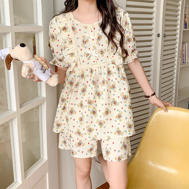 Bear Heart Print Cartoon Short Sleeve Shorts Casual Pajamas Set Women Korean Princess Kawaii Elegant Loose Two Piece Set Ins