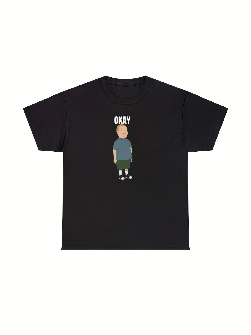 Bobby Hill Theme Print T-Shirt - Classic TV series logo pattern, black and white design, casual cut suitable for everyday wear.
