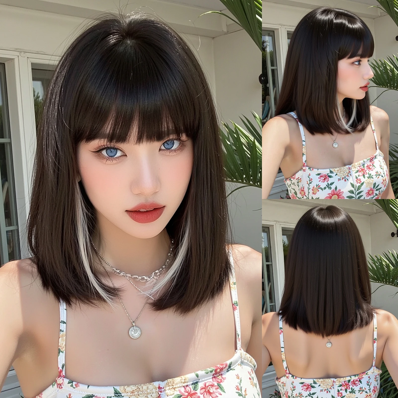 

Короткие прямые парики боб для женщин, черный смешанный белый парик из синтетических натуральных волос с челкой, термостойкие волосы для косплея, ежедневного использования