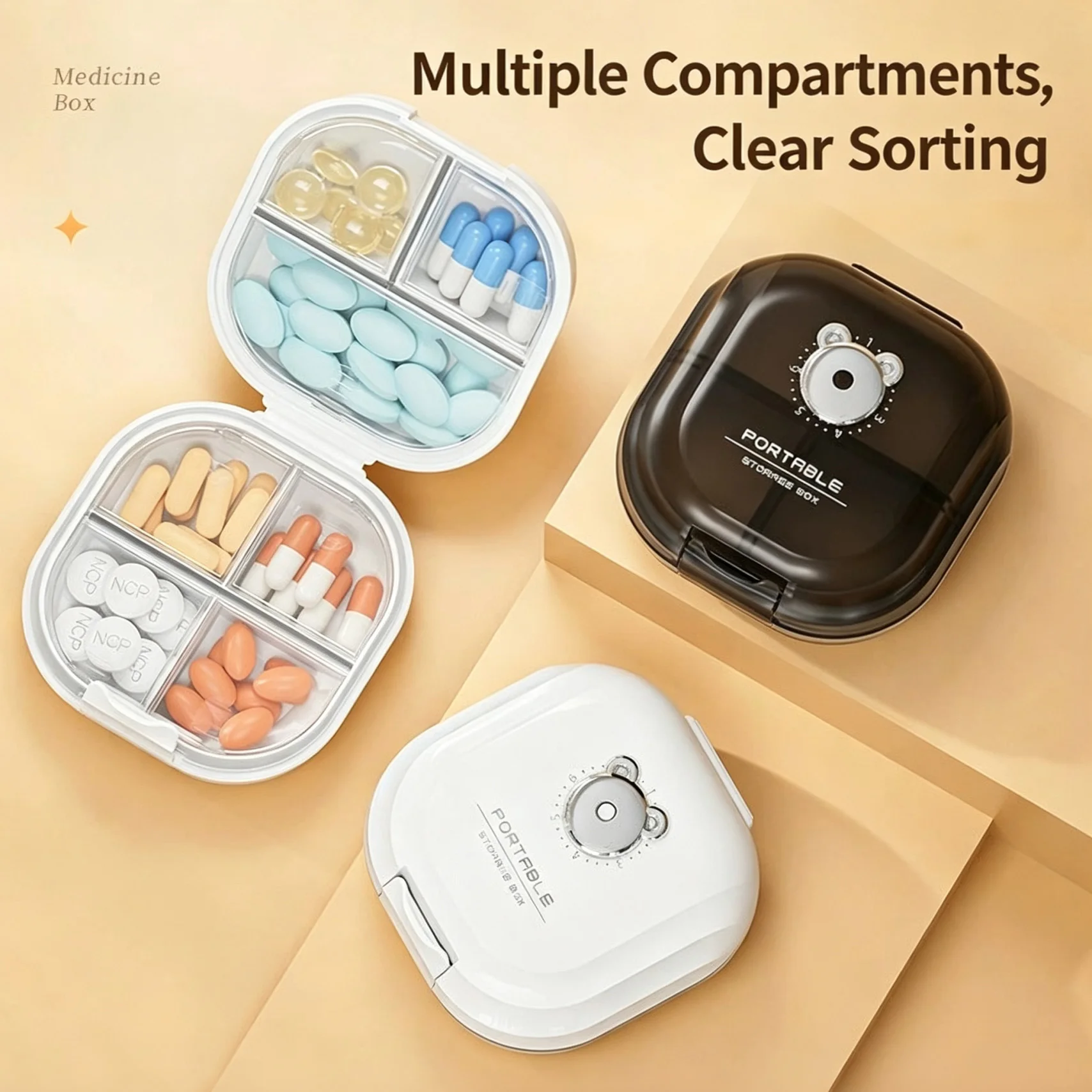 7 Grids Portable Pill Box Rotating Medication Count Dial Travel Pill Case Organizer Dust Moisture Resistant Medicine Case