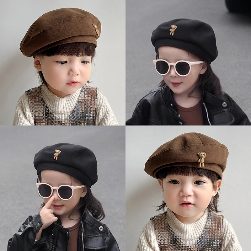 Solid Color Baby Beret Hat Cute Cartoon Bear Beanie Cap For Toddler Boys Girls Autumn Winter Warm Kid Infant Artist Painter Caps