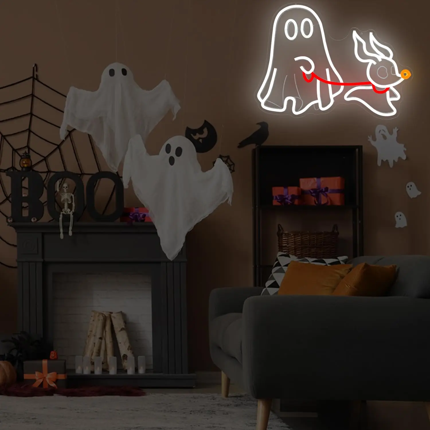 Letrero de neón de perro fantasma, luz de pared LED de Halloween con USB regulable, decoración espeluznante para mascotas para dormitorio, decoración de fiesta de Halloween de cueva de hombre