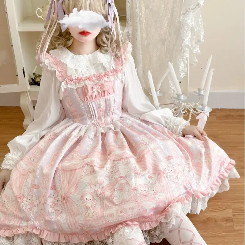 NONSAR Sweet Lolita Style Princess Dress Women Kawaii Cat Printed Bow Ruffles Pink Strap Dress Summer Harajuku Party Dresses