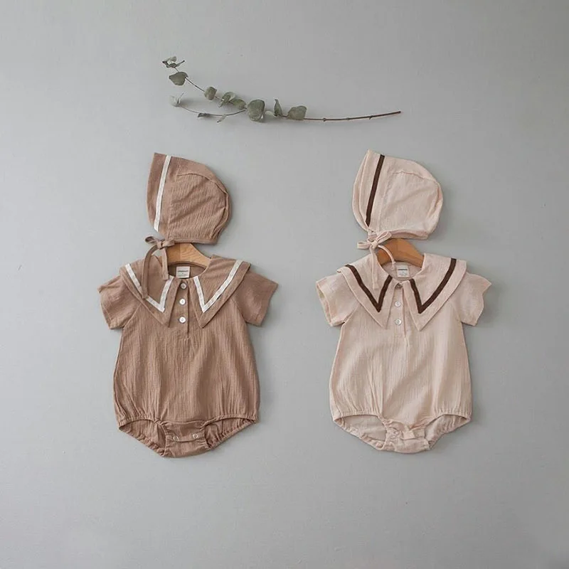 

2026 Summer New Baby Short Sleeve Sailor Collar Bodysuit + Bodysuit Cotton Boy Girl Preppy Style Jumpsuit For Toddler Clothes