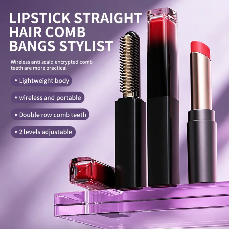 Mini Cordless Lipstick Straight Comb Pocket Bang Volumizer Ceramic Anti-Scald USB Recharge Travel Curler Fast Heat Styling Tool