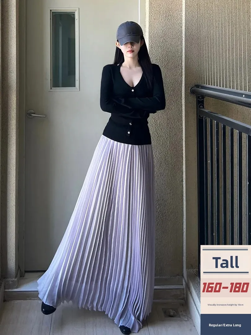 

Ele Purple Fairy f-length Skirt Long Pleated Dra High Waist Korean Sle Commute A-Line Long Skirt for Tall Women