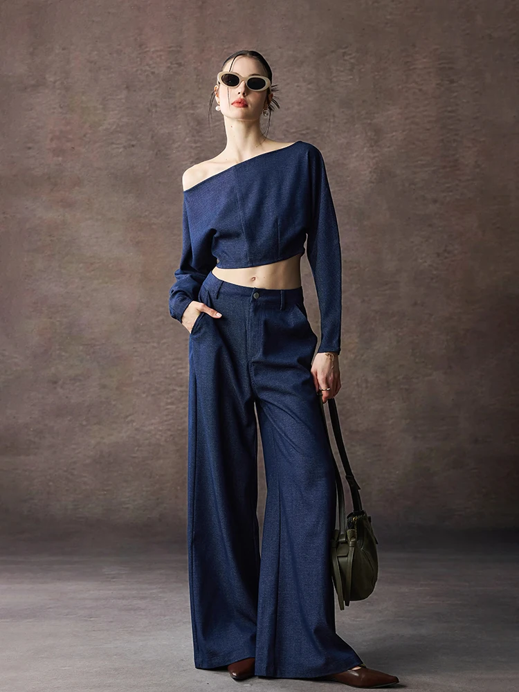 REDDACHiC Imitation Denim Crop Top Pants Women Matching Set New In One-shoulder Shirt High Wiats Baggy Pants Office Fall Clothes
