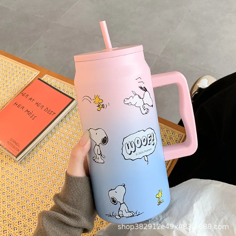 스누피 만화 보온 컵 대용량 빨대 보온 컵 주전자, 휴대용 304 스테인리스 스틸 물컵, 어린이 선물, 1500ml