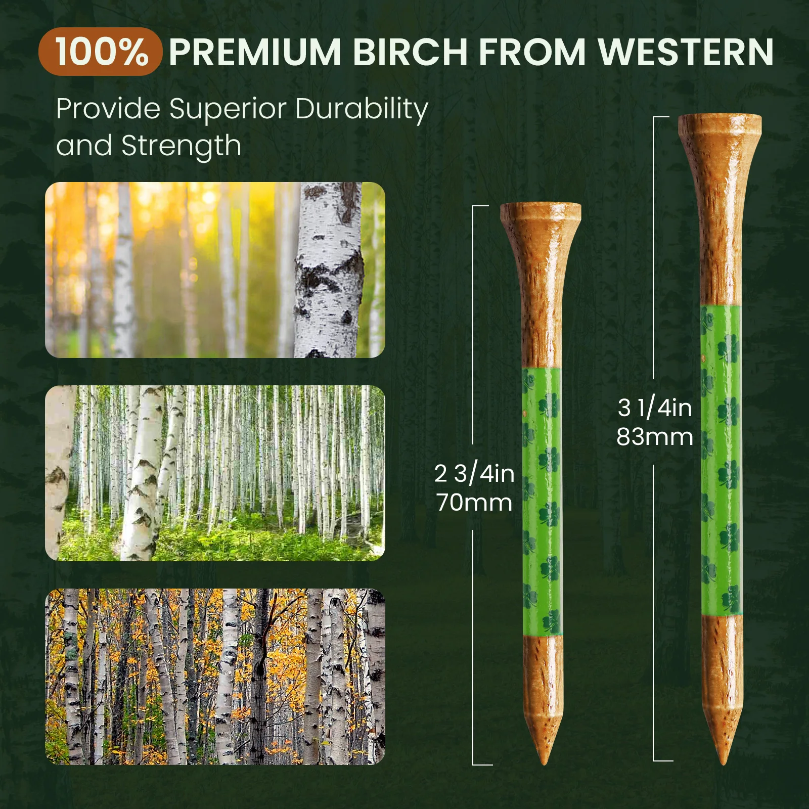 Golf Tees Western Birch Wood Value 30 Pack 2 3/4 3 1/4 Inch, Durable Stable Tees Smooth Surface, Long Lasting for Golfers