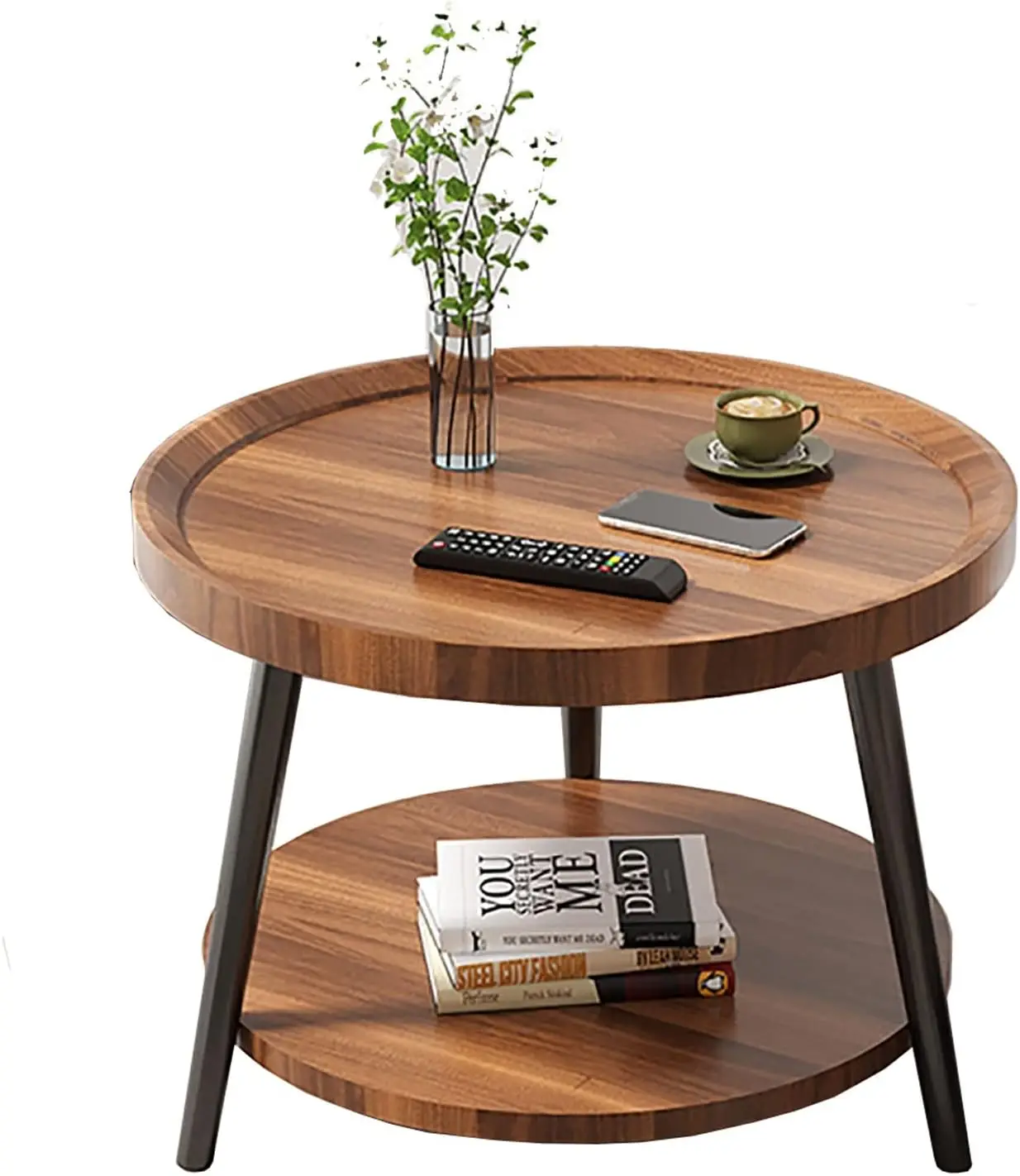 

60cm Modern Simple Round Coffee Table - Double-Layer Sofa Side/Bedside/Corner Table, Tea Table for Balcony & Living Room