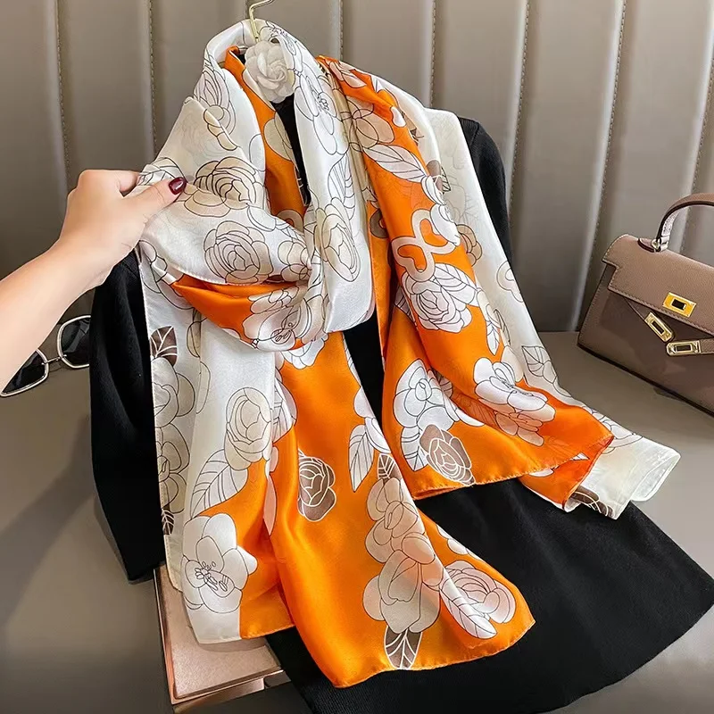 Women Silk Winter Scarf Luxury Design Print Lady Beach Shawl Scarves Fashion Smooth Foulard Female Hijab 90x180cm