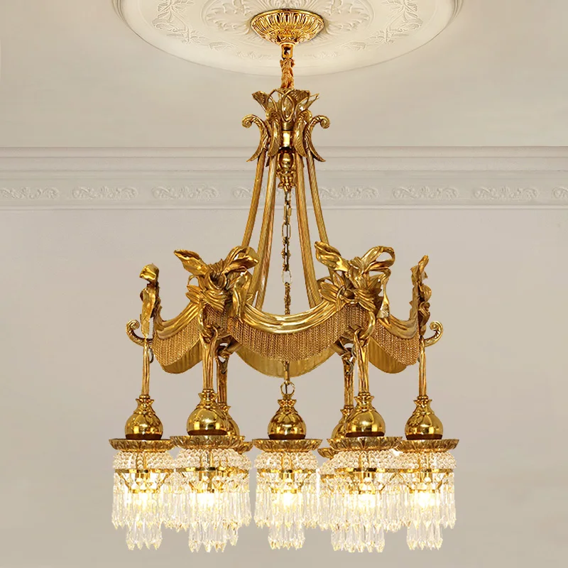 French Royal Baroque Crystal Copper Pendant Light European High Ceiling Foyer Stair Lamp European Brass Chandelier