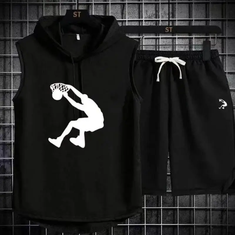 2024 Summer Mens Muscle Hoodie Vest Sleeveless Bodybuilding Gym Workout Fitness Shirt High Quality Vest Hip Hop Sweatshirt suit