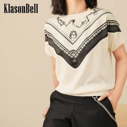 3.16 KlasonBell Temperament Chic Silk V Letter Print Spliced Knitwear Tee Women O-Neck Raglan Short Sleeve T-Shirt