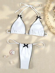 Micro Bowknot Bikinis Set for Women Patchwork Swimsuit Summer Beach Wear White Thong Swimwear Swimming Bathing Suit 2024