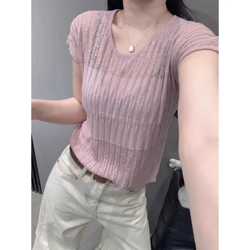 Plus Size Women Sheer Vertical Stripe Ice Silk Knit Top Short Sleeve Slim Casual Blouse