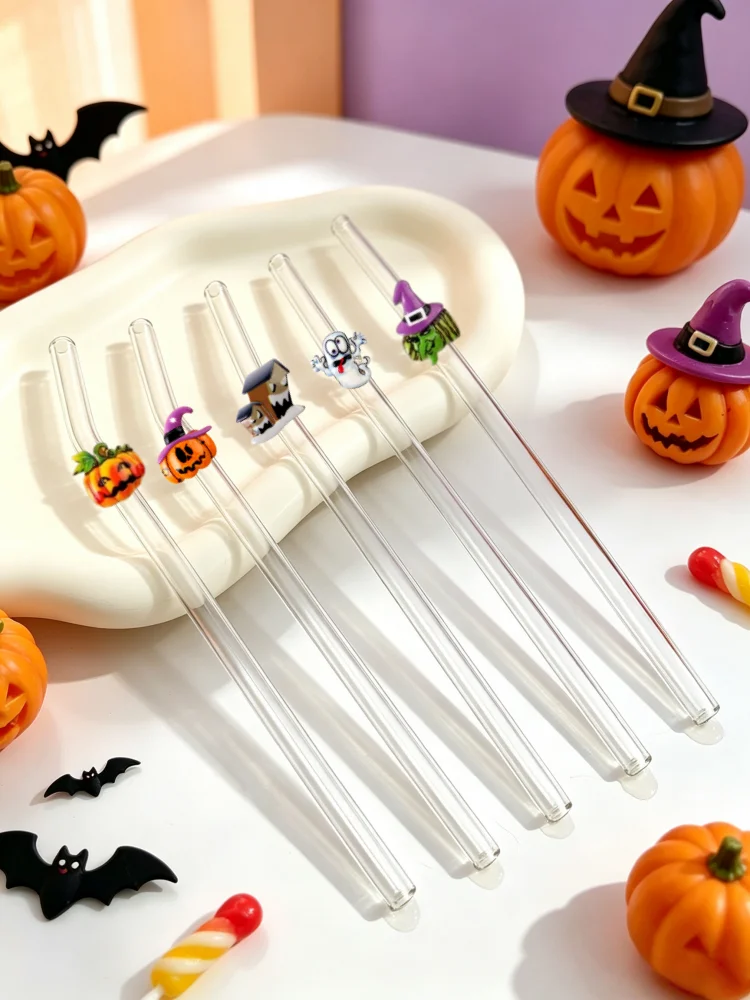 3/5PCS Glass Straw with Halloween Pumpkin Ghost Decor, Spooky Table Ornament for Hot Cold Drinks & Party Decor view 5