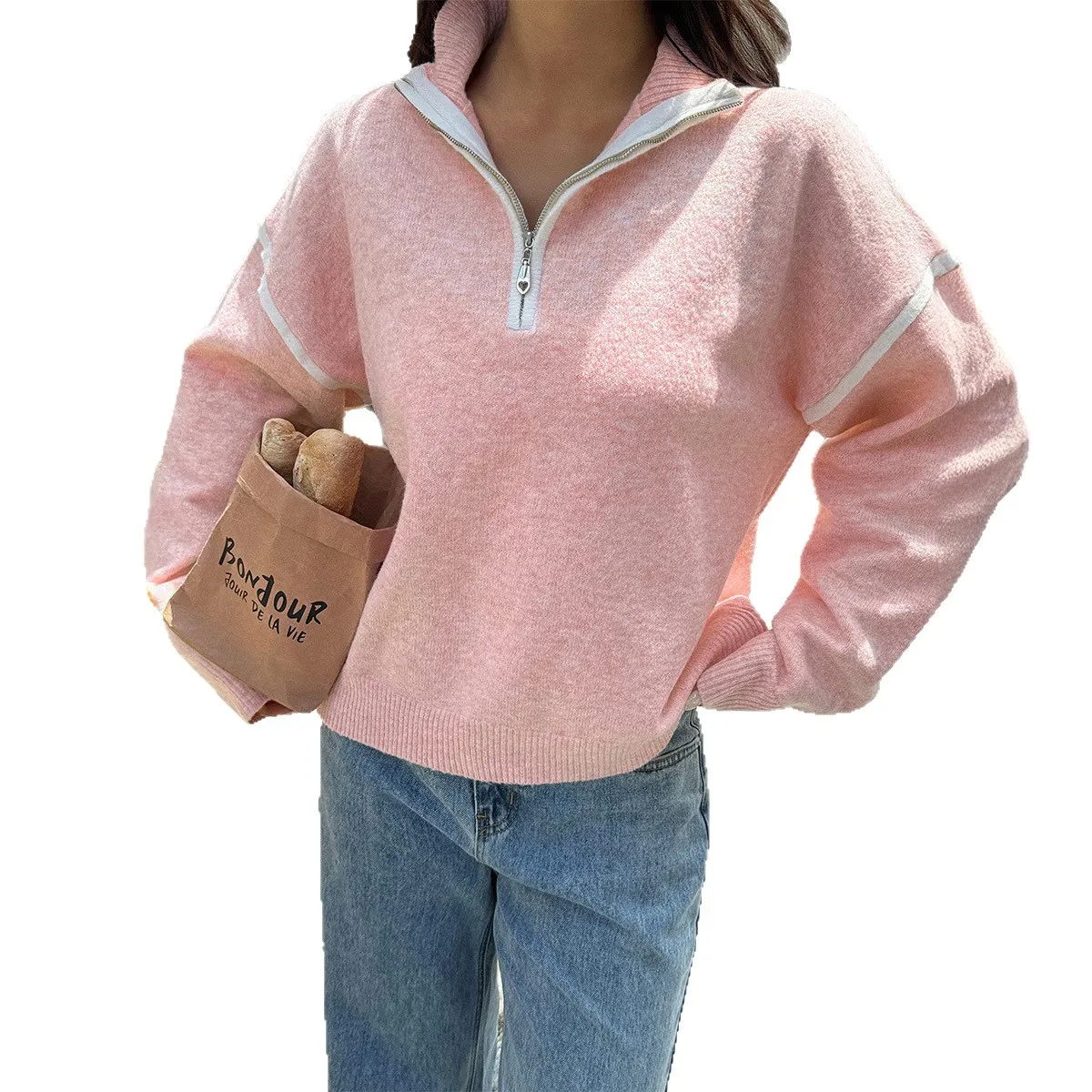 Suéter de mujer de Color sólido de manga larga con cremallera suéter para mujer 2025 otoño moda coreana Tops M