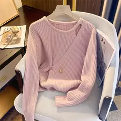 Korean Spring Autumn New Sweaters Women's Solid O-Neck Button Asymmetrical Fashion Chic Loose Long Sleeve Pullovers Knitted Tops