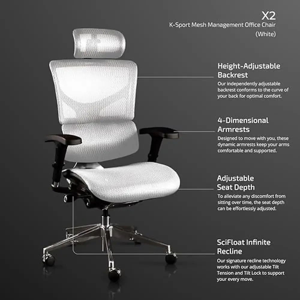 Ergonomic Office Chair Adjustable Height Depth Backrest Armrests White Mesh X2 DVL Lumbar Support SciFloat Recline Lightweight