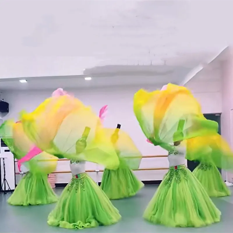 Soft Chiffon Big Fan Veil Opening Dance Props Fishbone Foldable Handle Dancing Fan Chinese Folk Worship 85cm Adults Customized