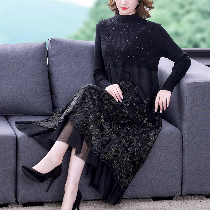 

2023 New Fashion Black Vintage Dress Women's Autumn Versatile Mesh Long Sleeve Loose Fit Leisure Travel Party Dress Vestidos